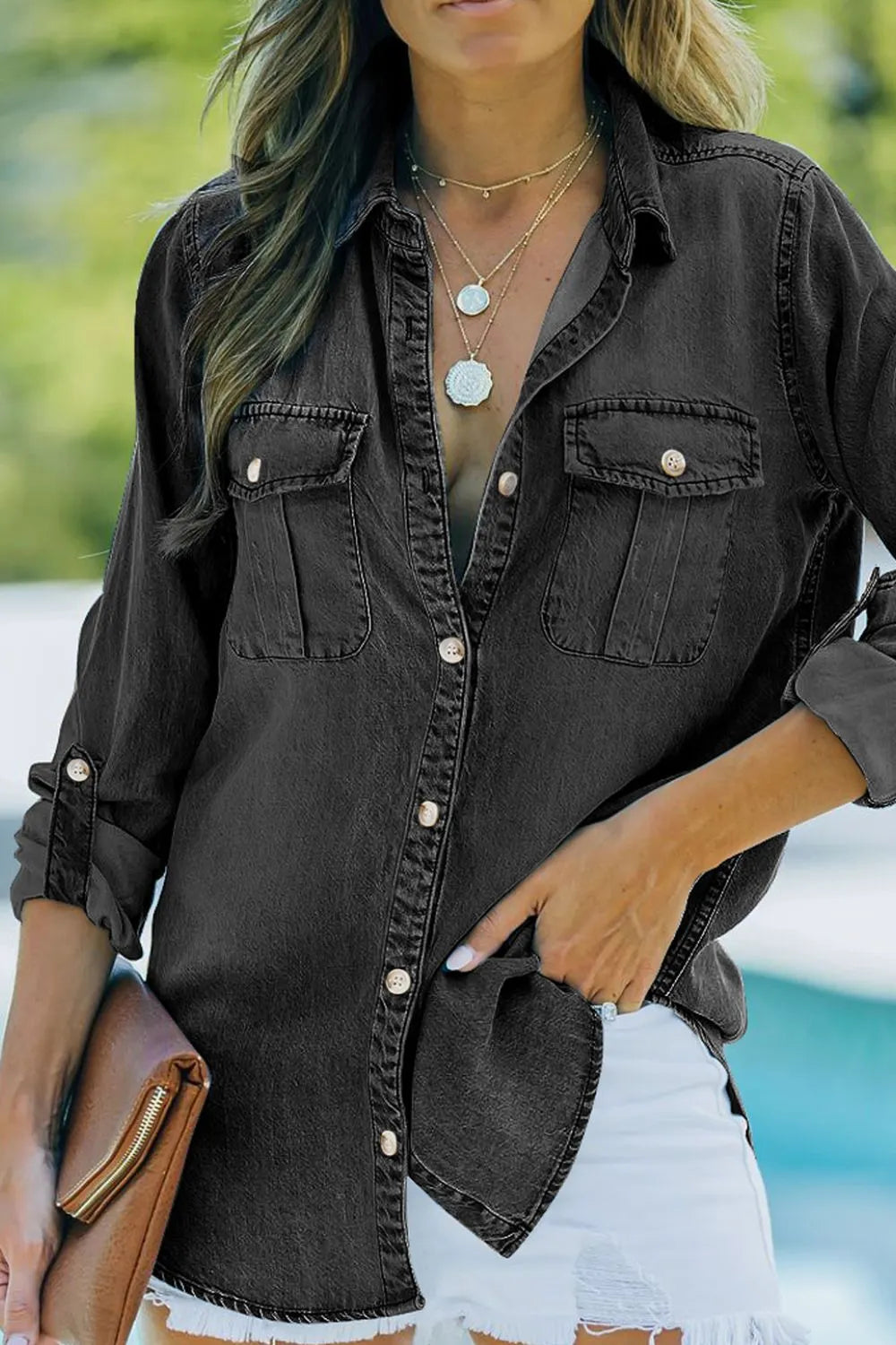 Pocketed Collared Neck Long Sleeve Denim Top - Be Bliss Boutique