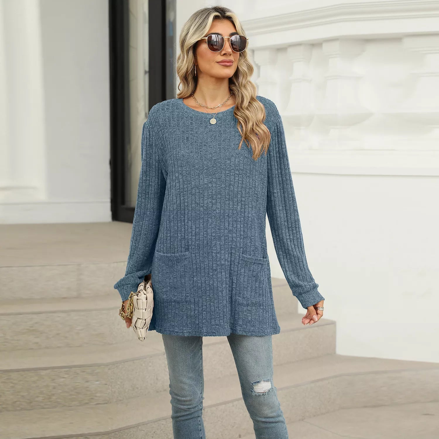 Ribbed Knit Long Sleeve T-Shirt -  Be Bliss Boutique