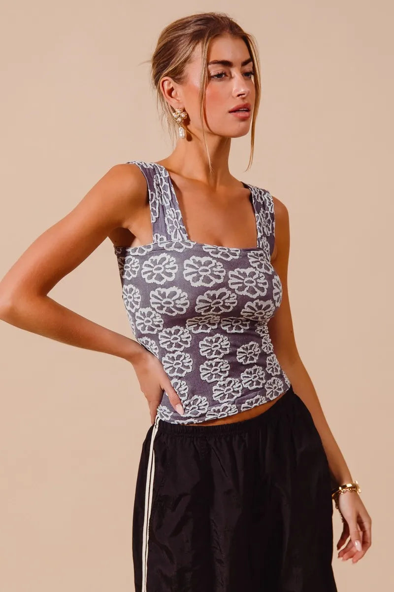 SO ME Charcoal Blue Two Tone Floral Seamless Tank Top - Be Bliss Boutique