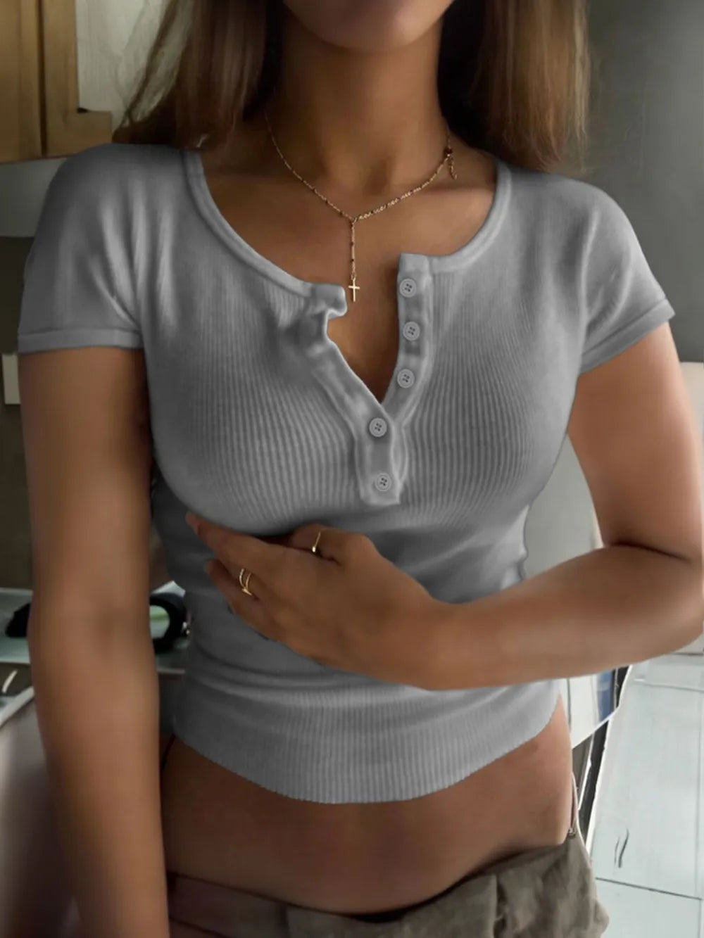 Ribbed Button Detail Round Neck Short Sleeve T-Shirt - Be Bliss Boutique