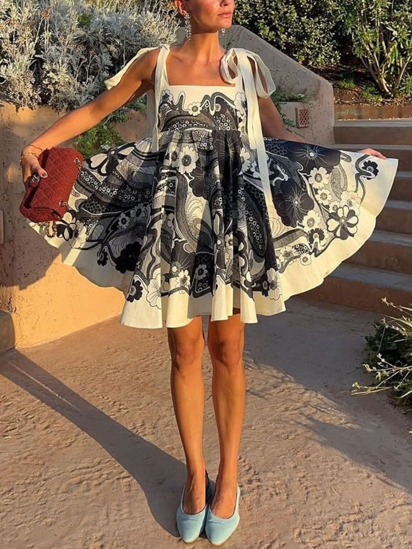 Printed Tie Shoulder Mini Dress - Be Bliss Boutique