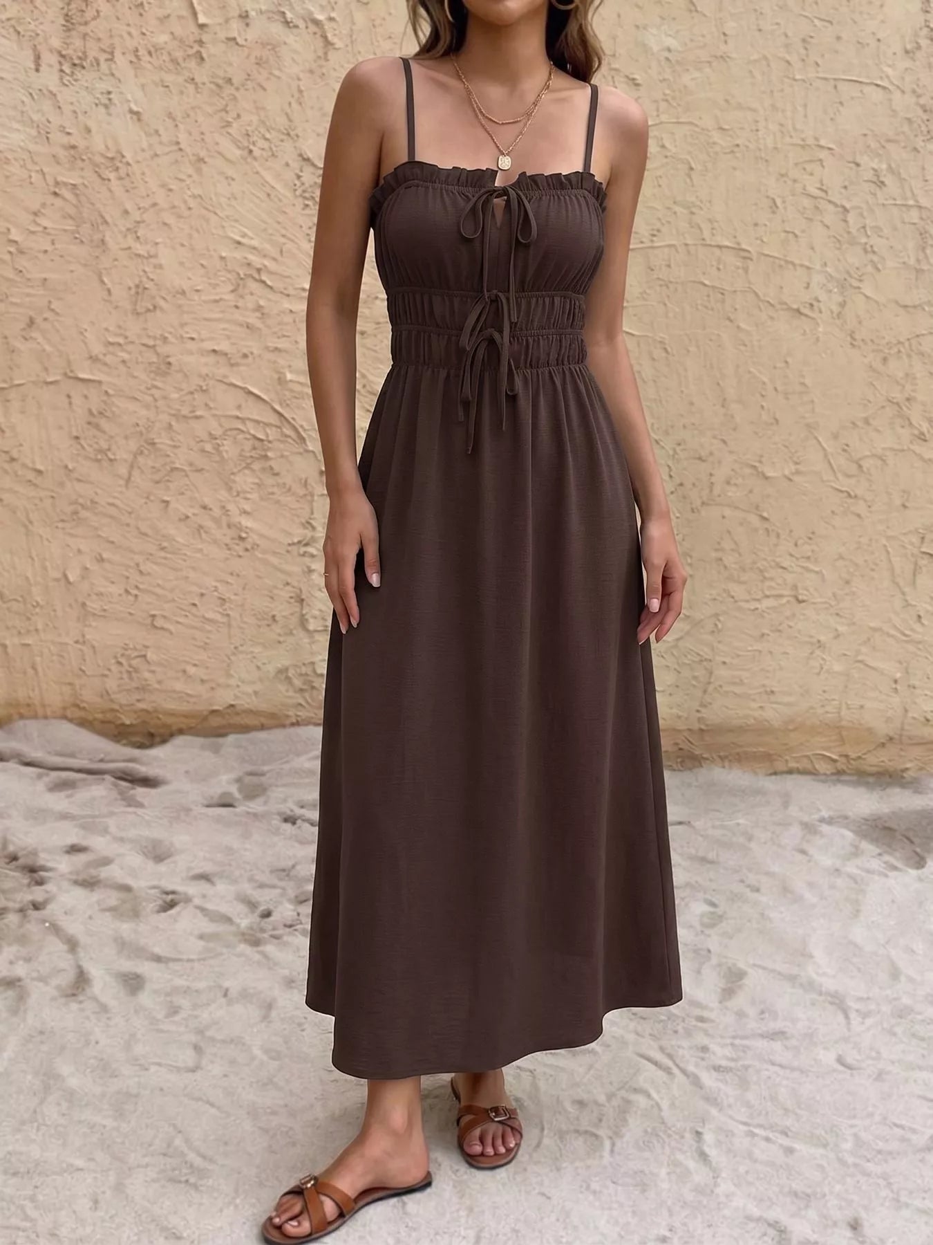 Tie-Front Brown A Line Dress - Be Bliss Boutique