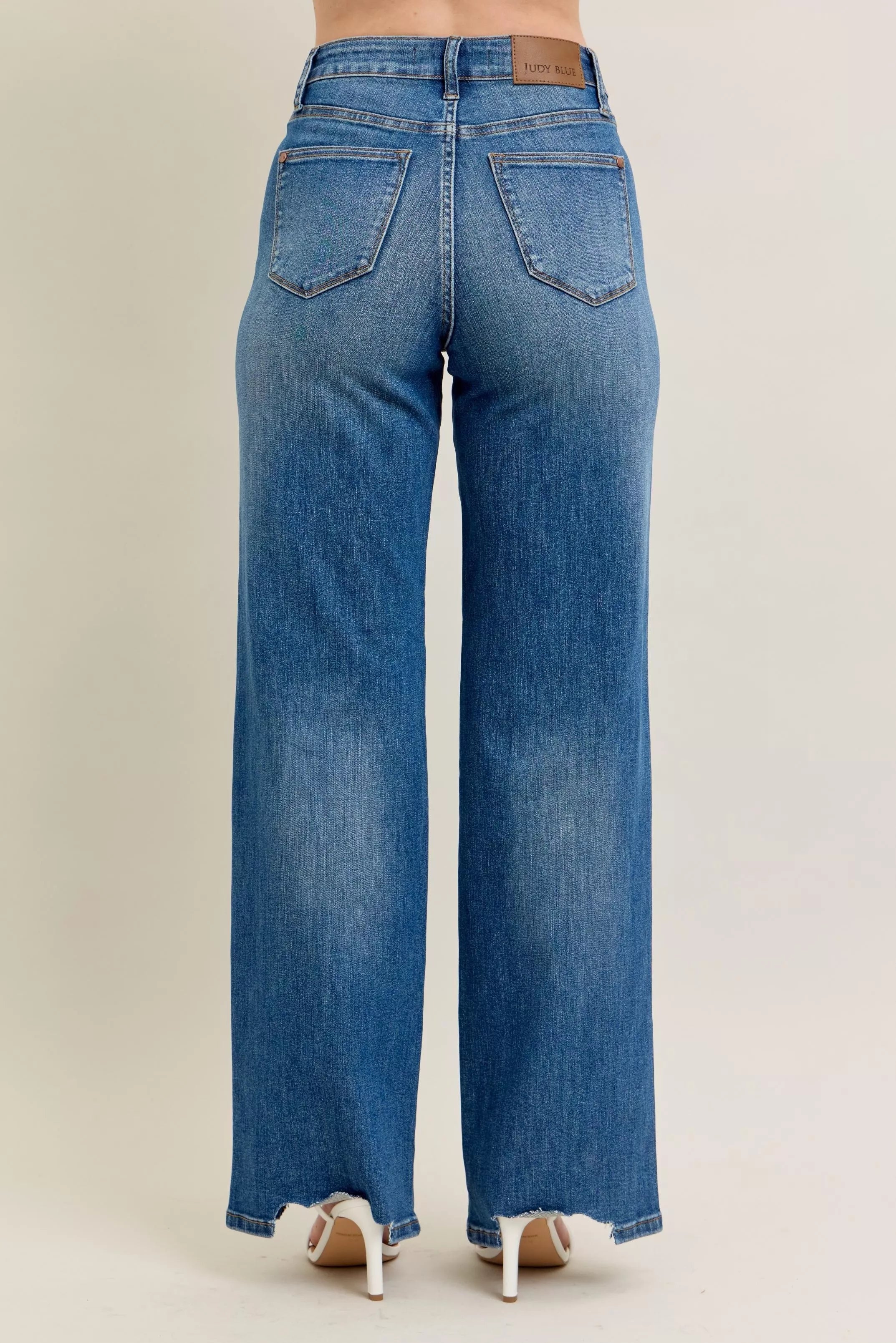 Judy Blue Full Size High Waist Tummy Control Chew Hem Destroy Wide Jeans Plus Size - Be Bliss Boutique