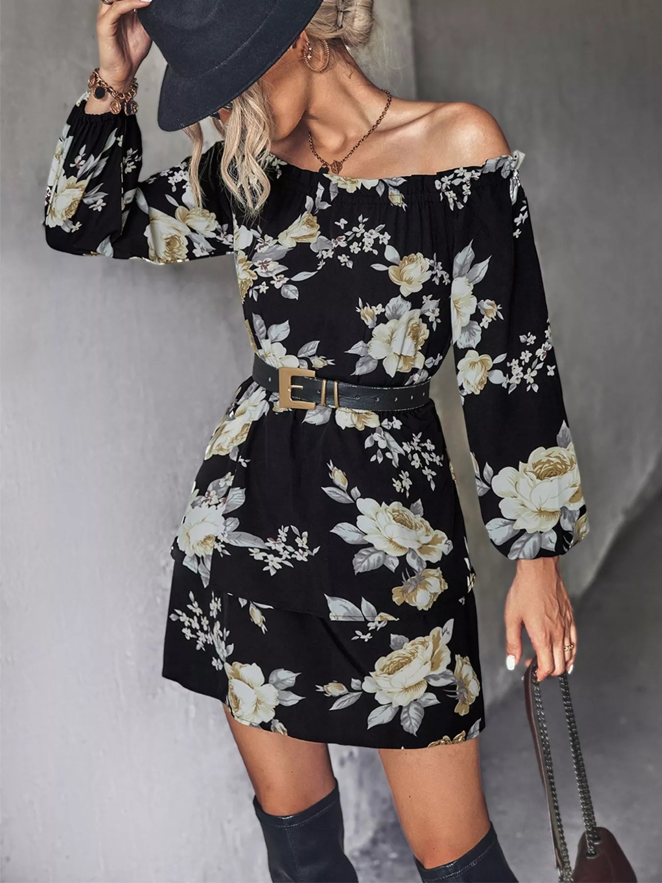 Off-Shoulder Floral Print Long Sleeve Mini Dress - Be Bliss Boutique