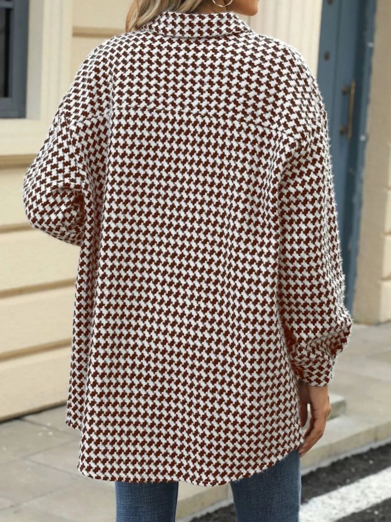 Houndstooth Button Up Long Sleeve Coat - Be Bliss Boutique