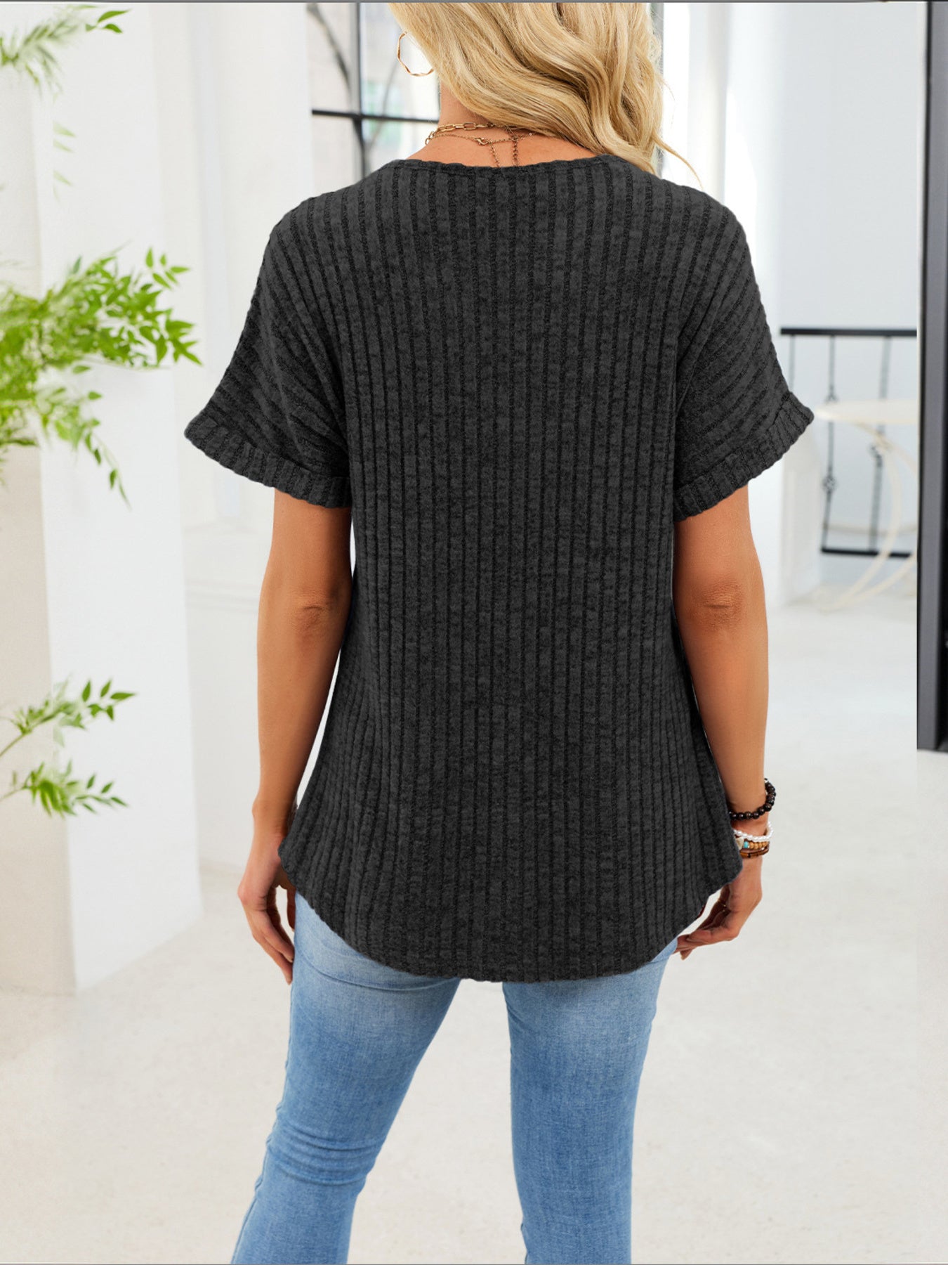 Women's Ribbed Knit Button V Neck Short Sleeve T Shirt - Be Bliss Boutique