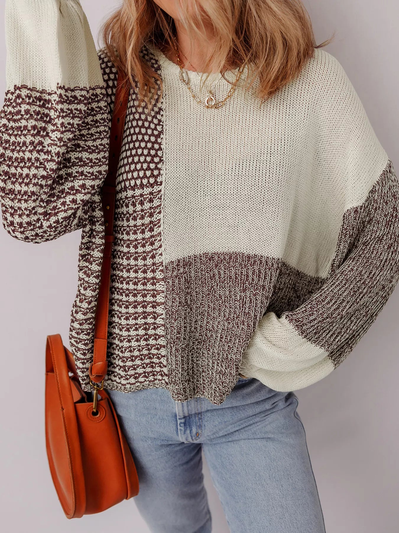Color Block Back Tie Drop Shoulder Loose Sweater -  Be Bliss Boutique