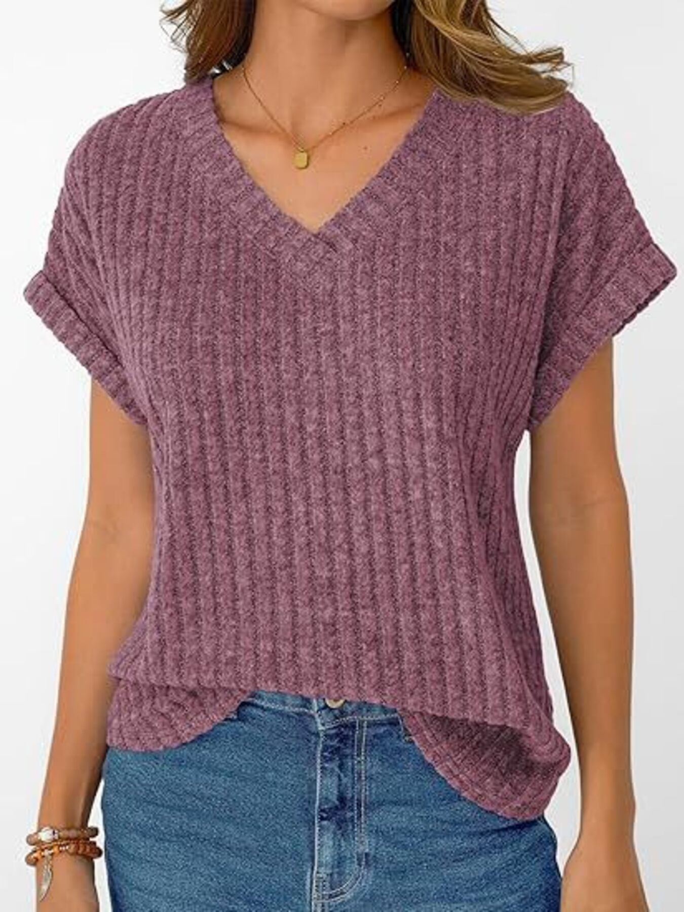 Ribbed Knit V Neck Relaxed Fit T Shirt - Be Bliss Boutique