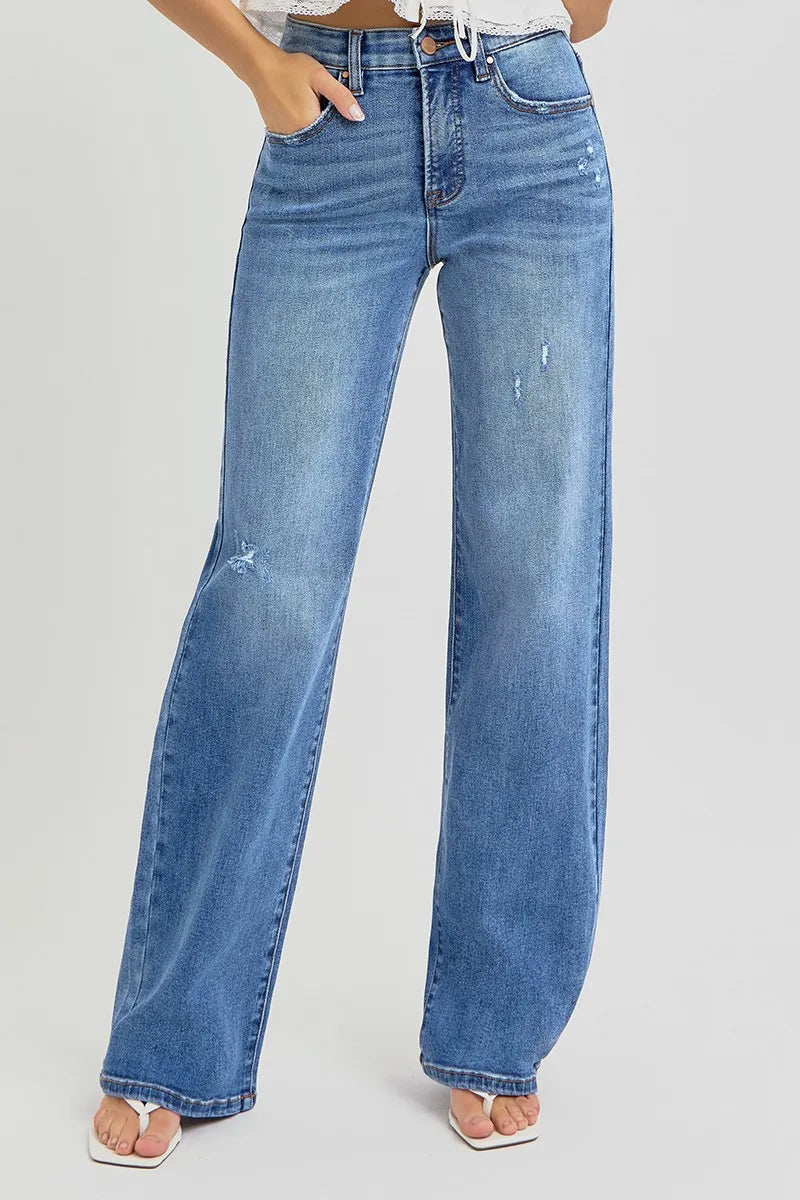 Full Size Tummy Control Elastic Band High Rise Wide RISEN Jeans -  Be Bliss Boutique