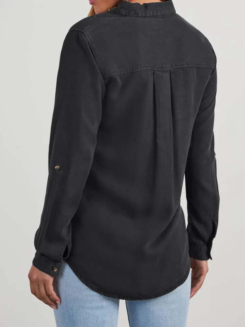 Collared Neck Roll-Tab Sleeve Womens Denim Shirt - Be Bliss Boutique