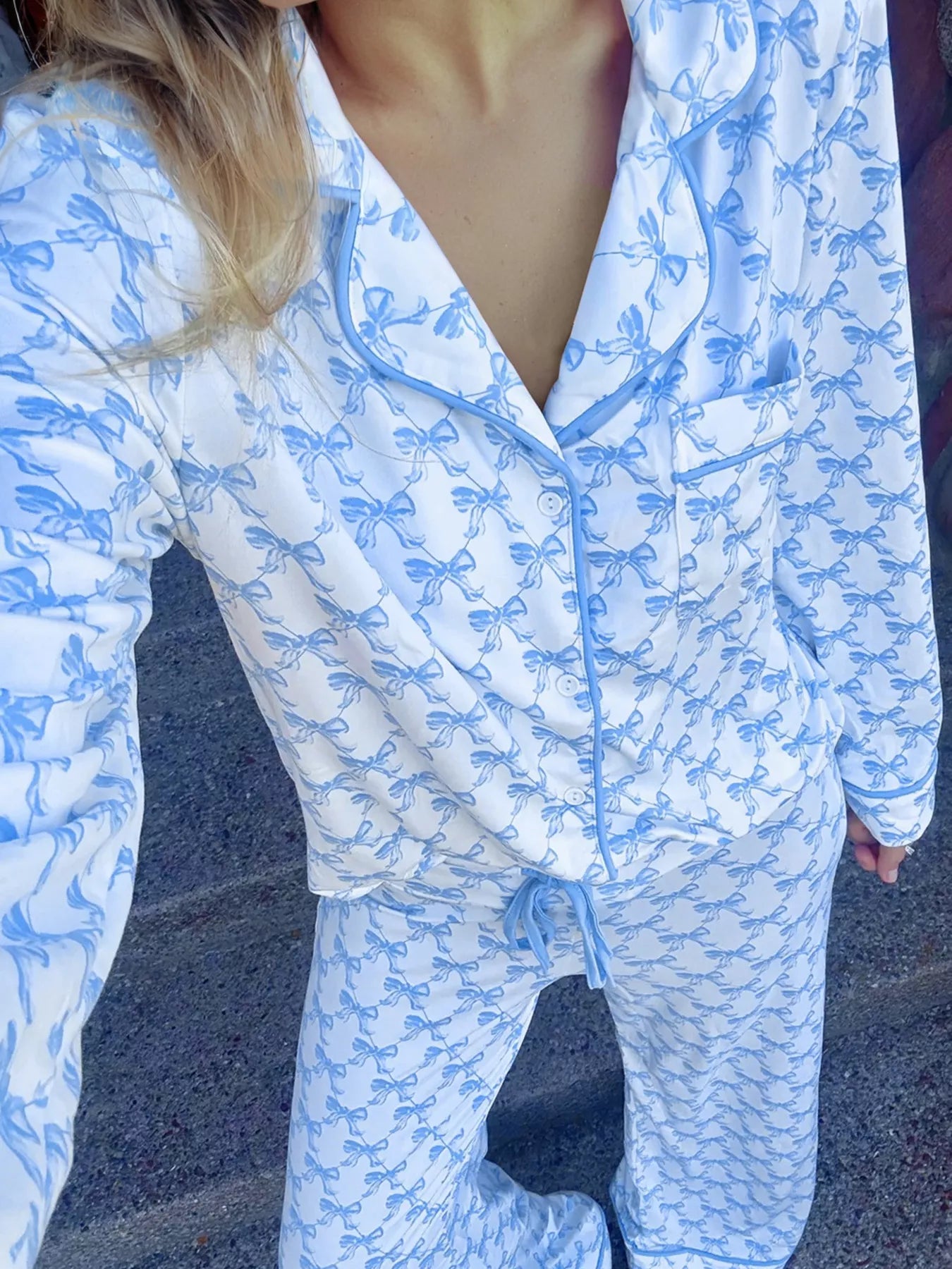 Bow Print Long Sleeve Shirt and Pants Pajama Set - Be Bliss Boutique