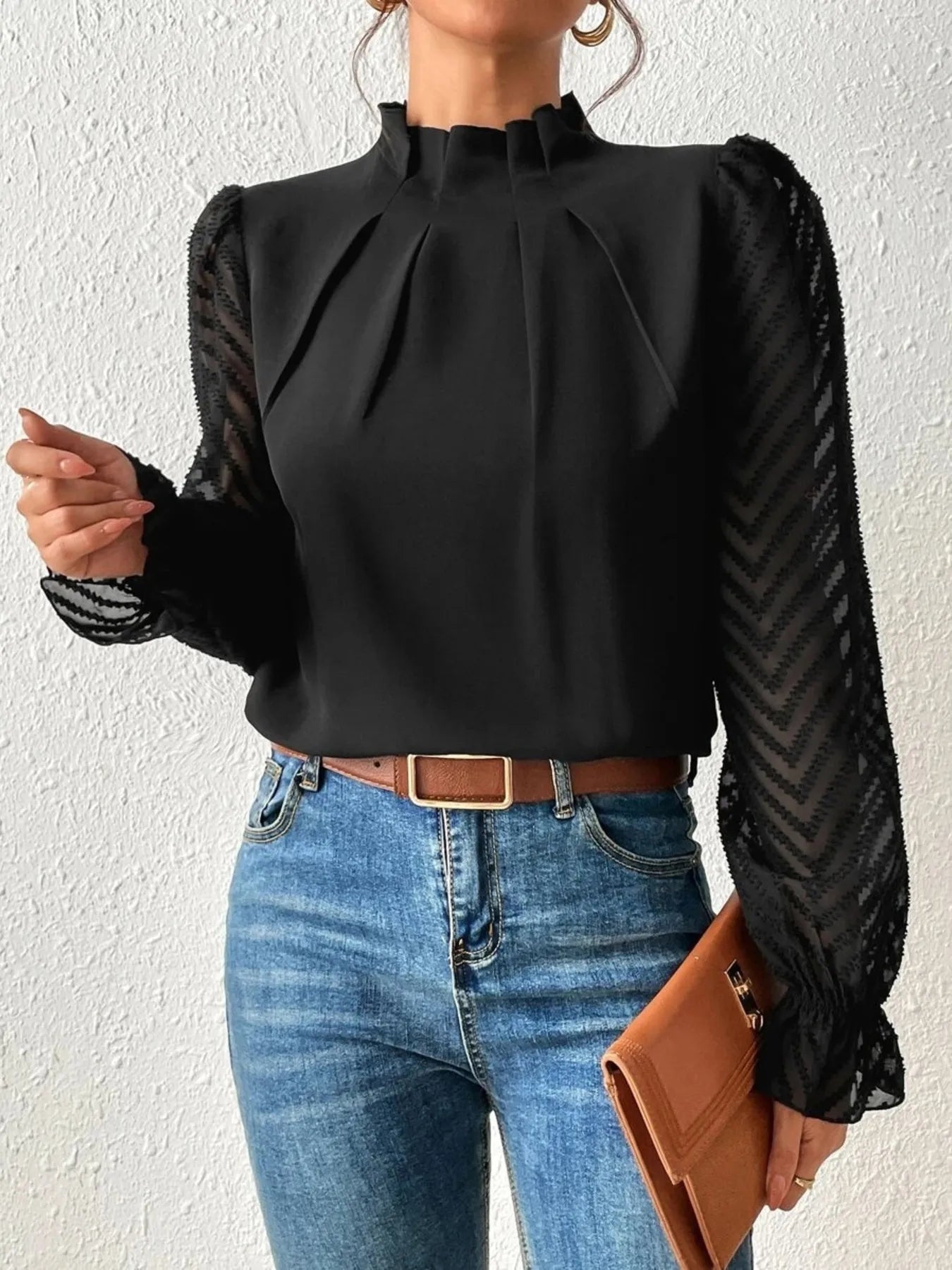 Mock Neck Flounce Sleeve Blouse -  Be Bliss Boutique