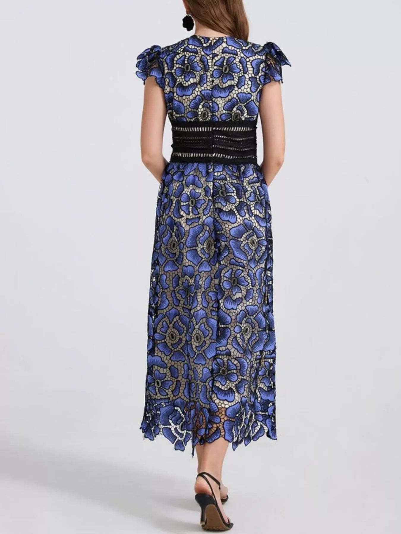 Printed V-Neck Ruffle Sleeve Midi Dress - Be Bliss Boutique