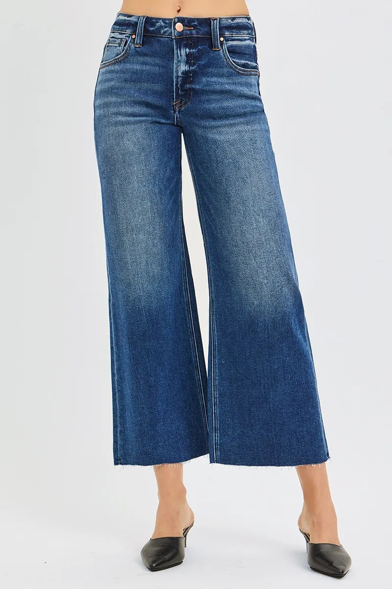 RISEN Full Size Mid Rise Crop Wide Raw Cut Hem Jeans Plus Size -  Be Bliss Boutique