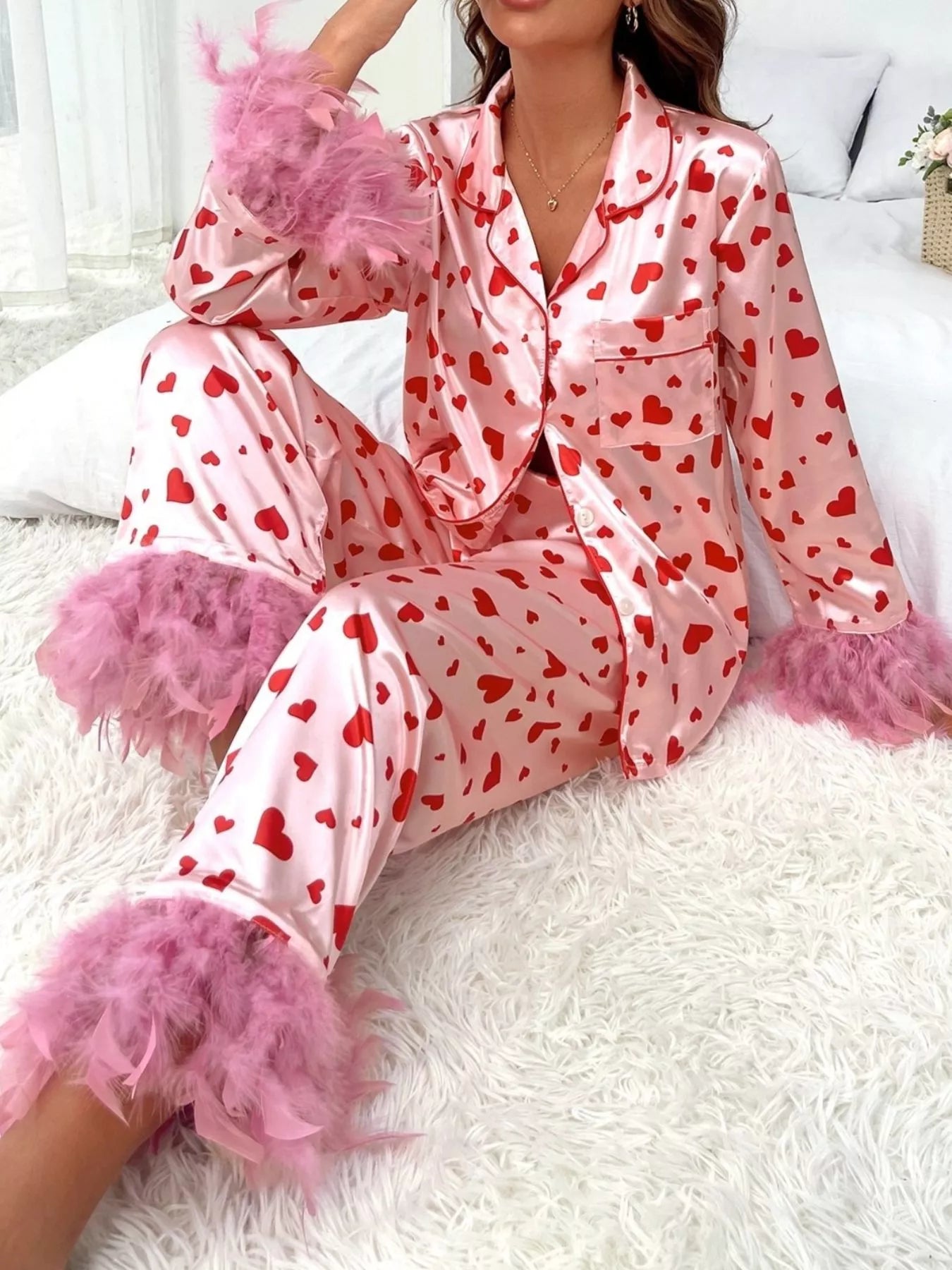 Heart Print Button Up Top and Pants Lounge Set - Be Bliss Boutique