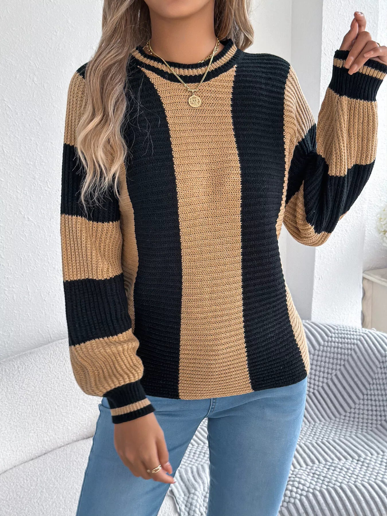 Color Block Round Neck Sweater - Be Bliss Boutique