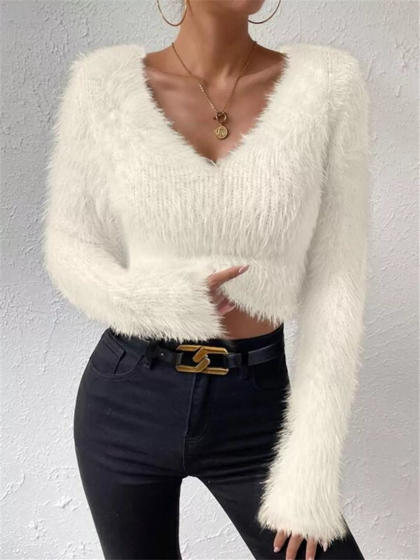 Fluffy Knit V Neck Sweater - Be Bliss Boutique