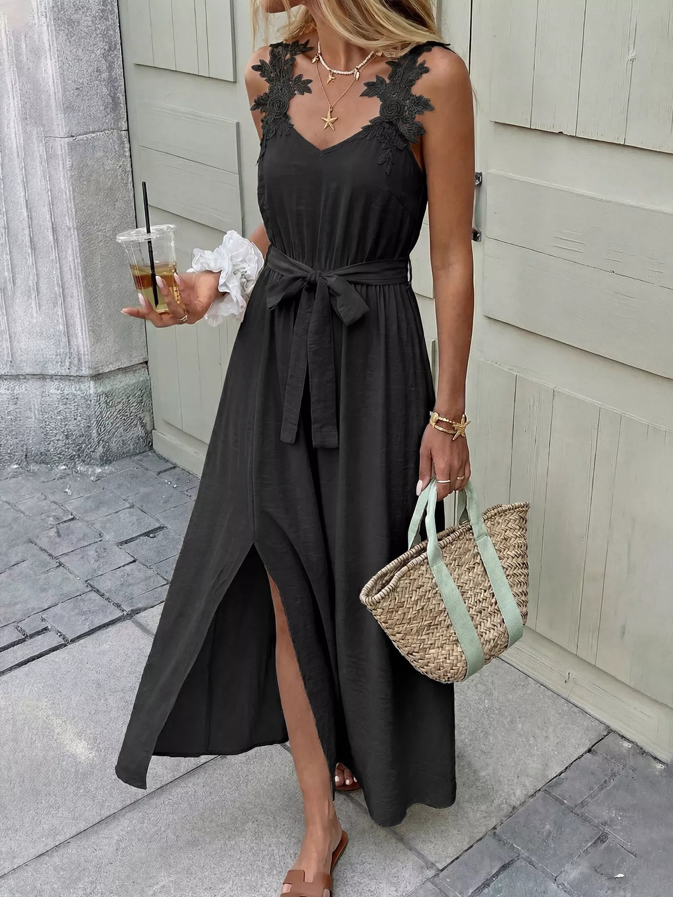 Lace Trim Maxi Dress with Slit - Be Bliss Boutique