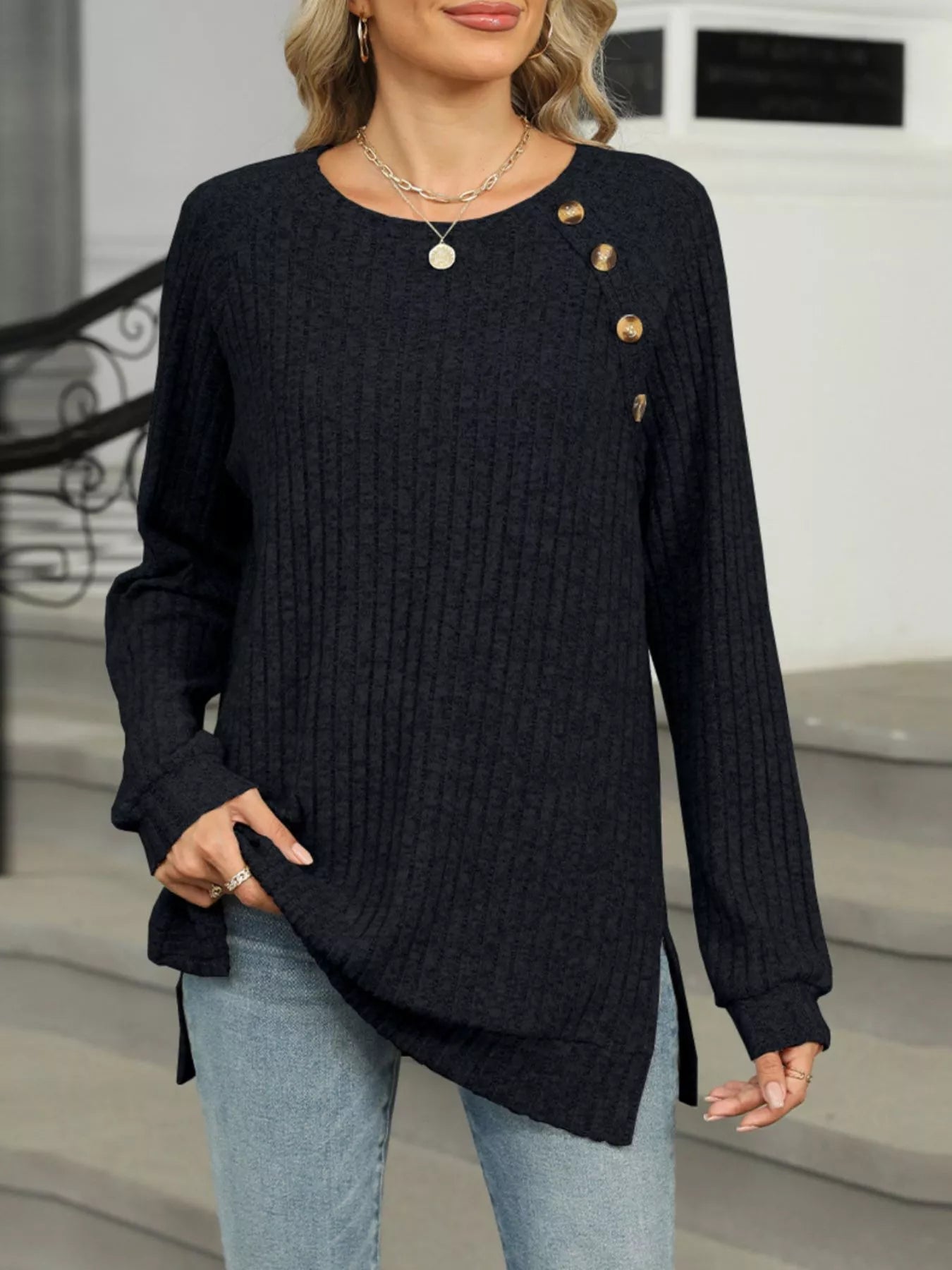 Cozy Chic Ribbed Button Detail Long Sleeve Tunic -  Be Bliss Boutique