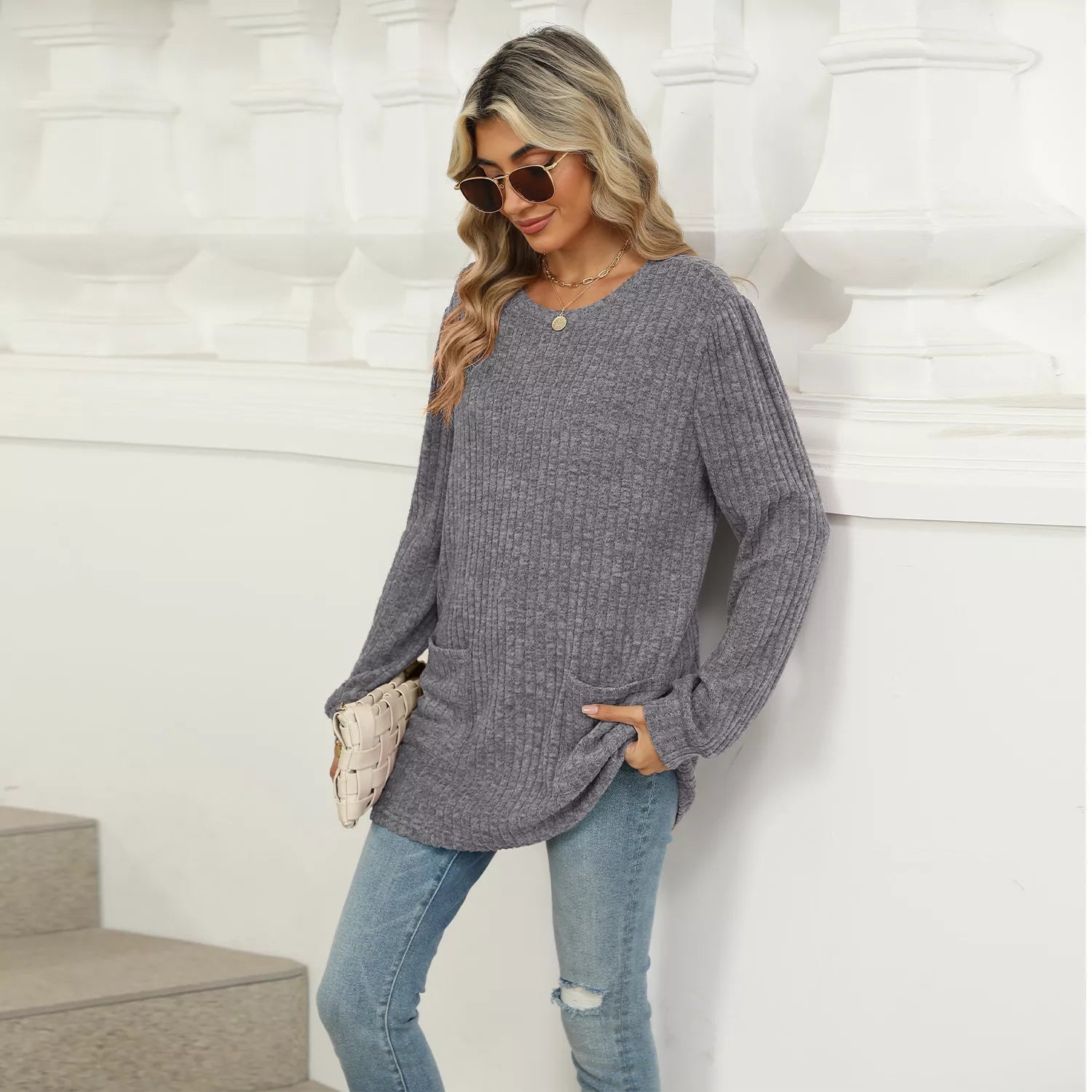 Ribbed Knit Long Sleeve T-Shirt -  Be Bliss Boutique