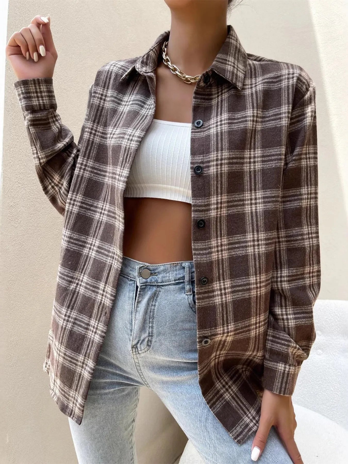 Oversized Plaid Button-Up Shirt -  Be Bliss Boutique