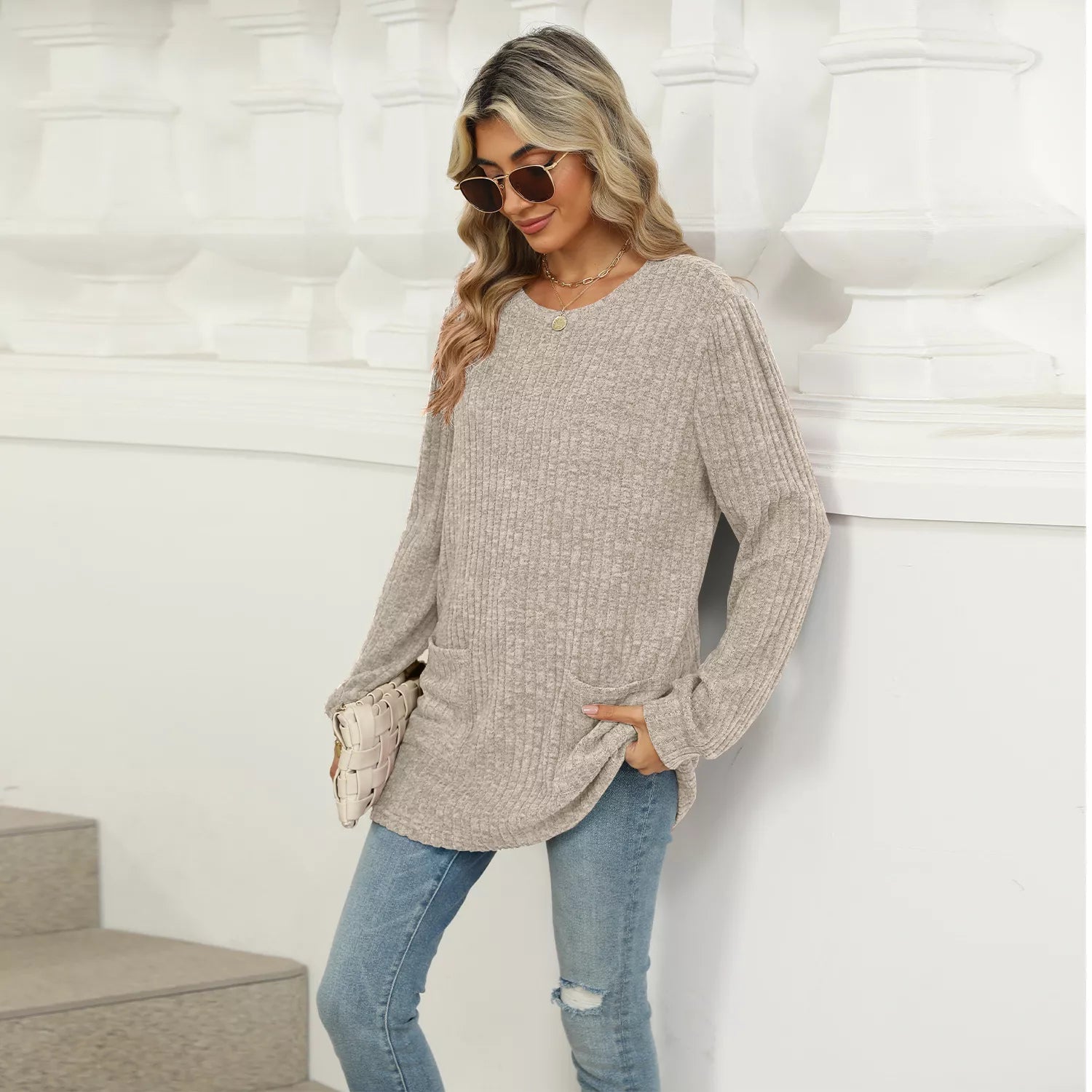 Ribbed Knit Long Sleeve T-Shirt -  Be Bliss Boutique
