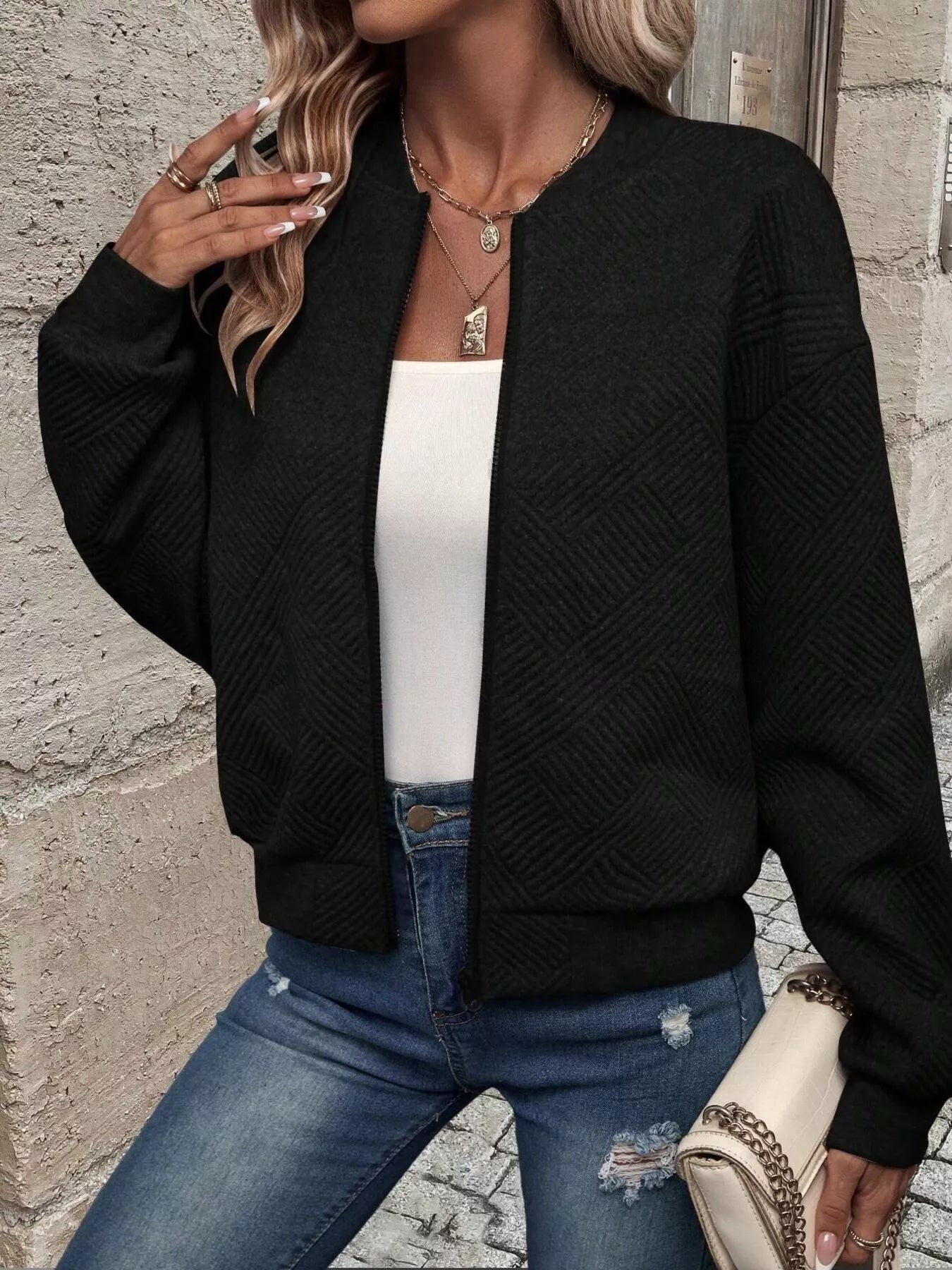 Texture Zip-Up Bomber Jacket - Be Bliss Boutique