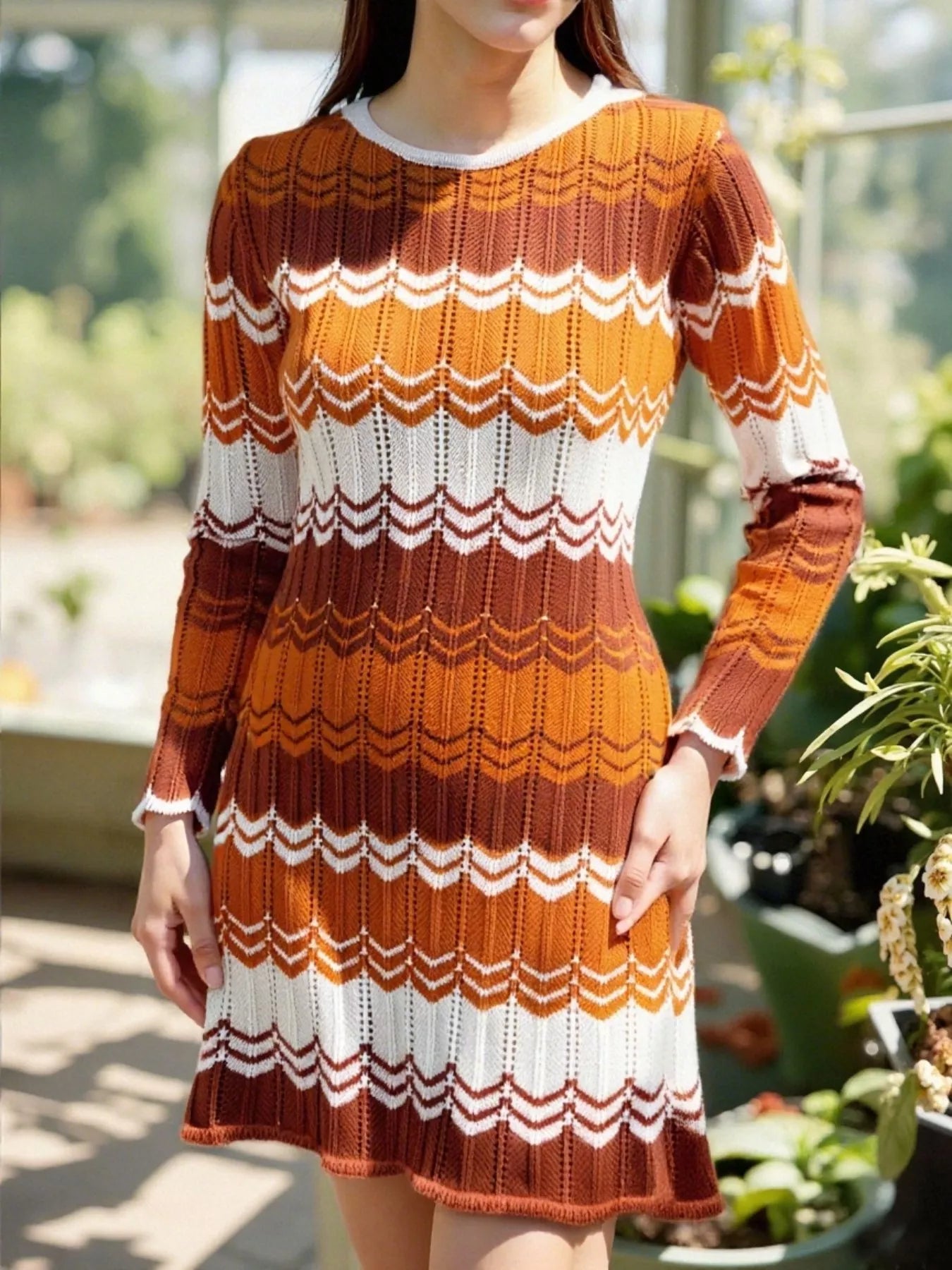Openwork Wave Pattern Long Sleeve Sweater Dress -  Be Bliss Boutique