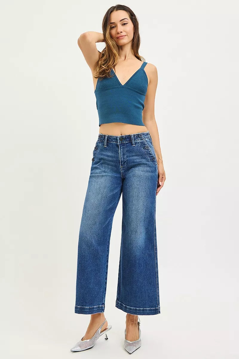 RISEN Jeans - High Rise Wide Leg Jeans With Pocket Button Detail - Be Bliss Boutique