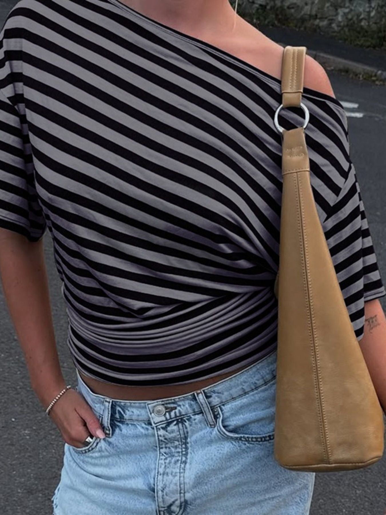 Striped One Shoulder T Shirt - Be Bliss Boutique
