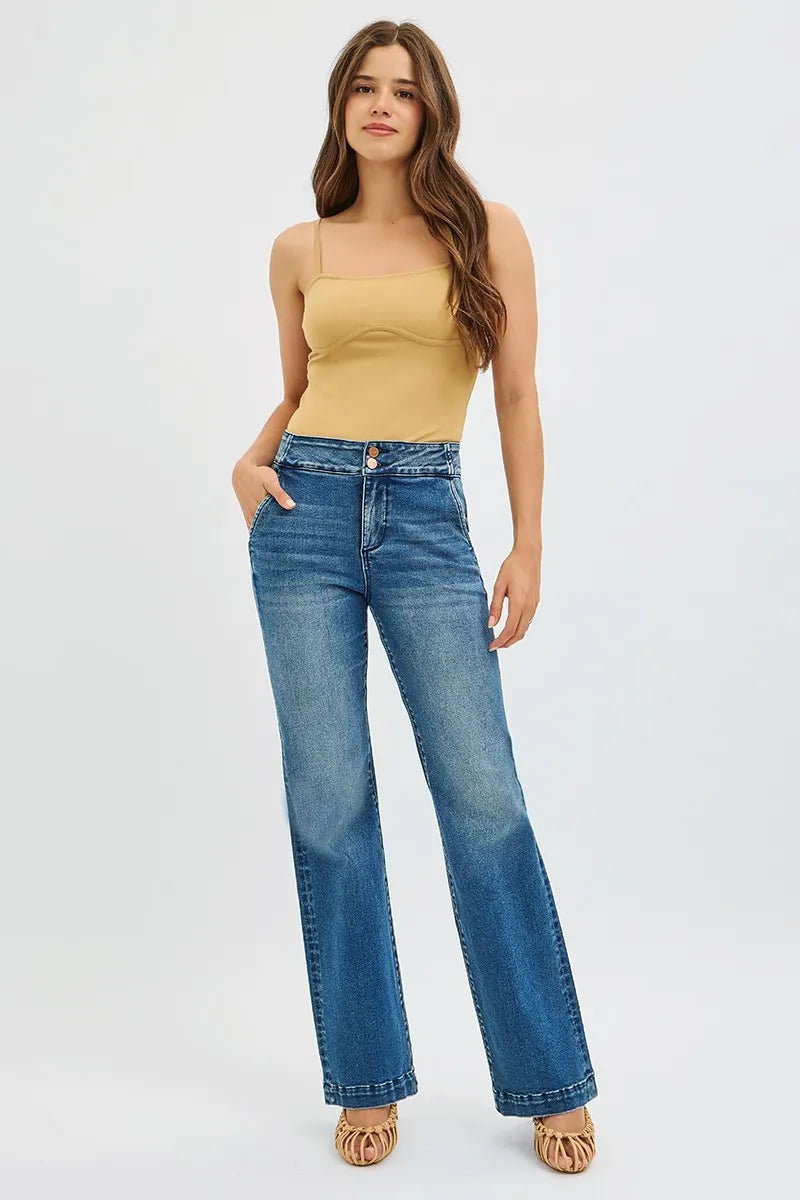 RISEN Full Size Tummy Control High Rise Bootcut Jeans with Double Button Waistband Plus Size -  Be Bliss Boutique
