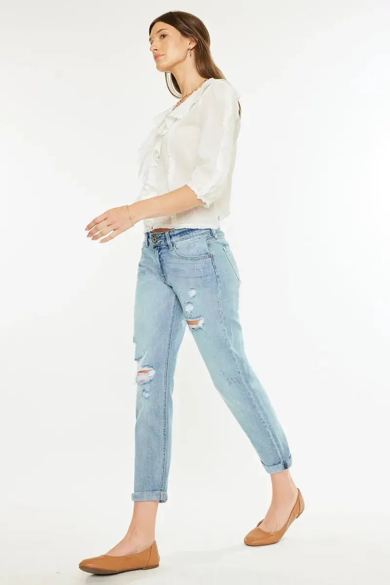 Kancan Mid Rise Distressed Boyfriend Fit Jeans | Be Bliss Boutique