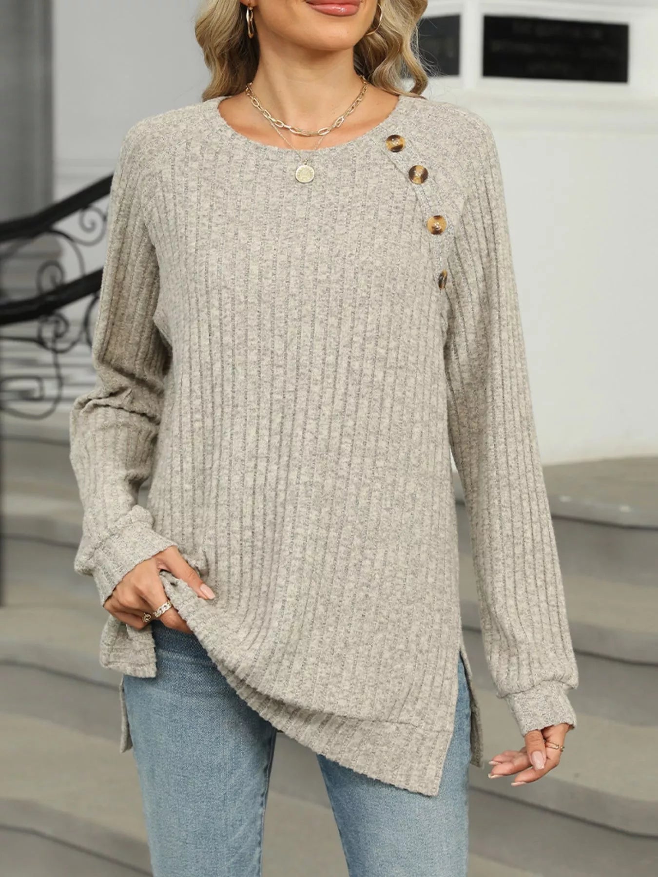 Cozy Chic Ribbed Button Detail Long Sleeve Tunic -  Be Bliss Boutique