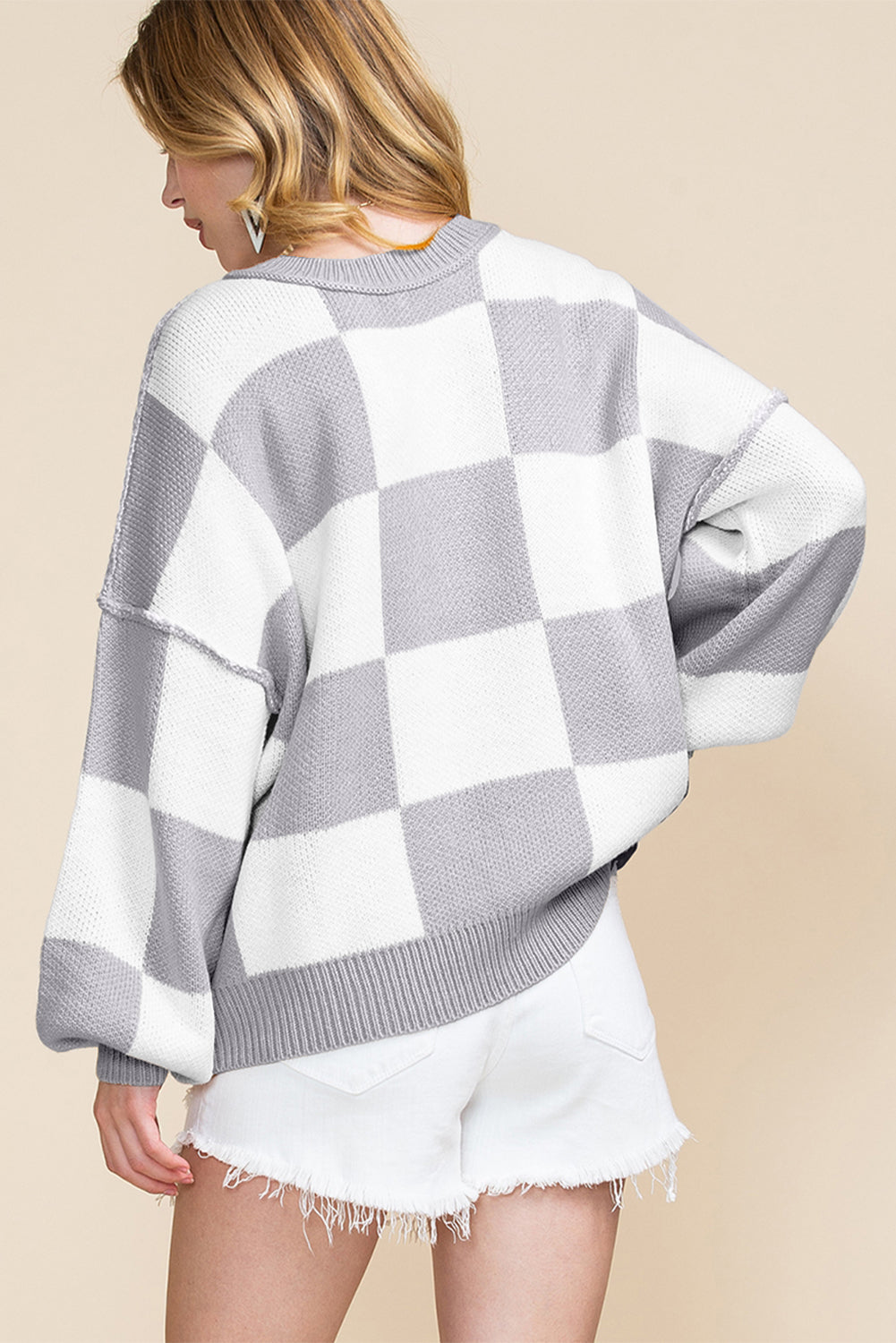 Checkered Bishop Sleeve Sweater - Be Bliss Boutique