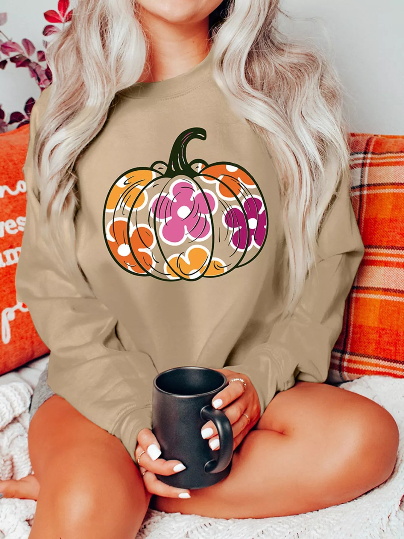 Halloween Floral Pumpkin Graphic Drop Shoulder Sweatshirt -  Be Bliss Boutique