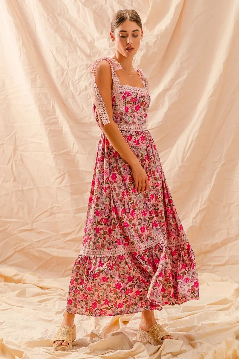 SO ME Floral Maxi Dress With Ribbon Tie Lace Strap -  Be Bliss Boutique