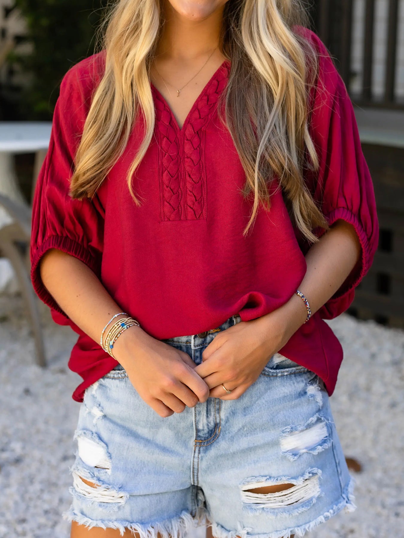 Women's Braided Detail V-Neck Half Sleeve Blouse - Be Bliss Boutique