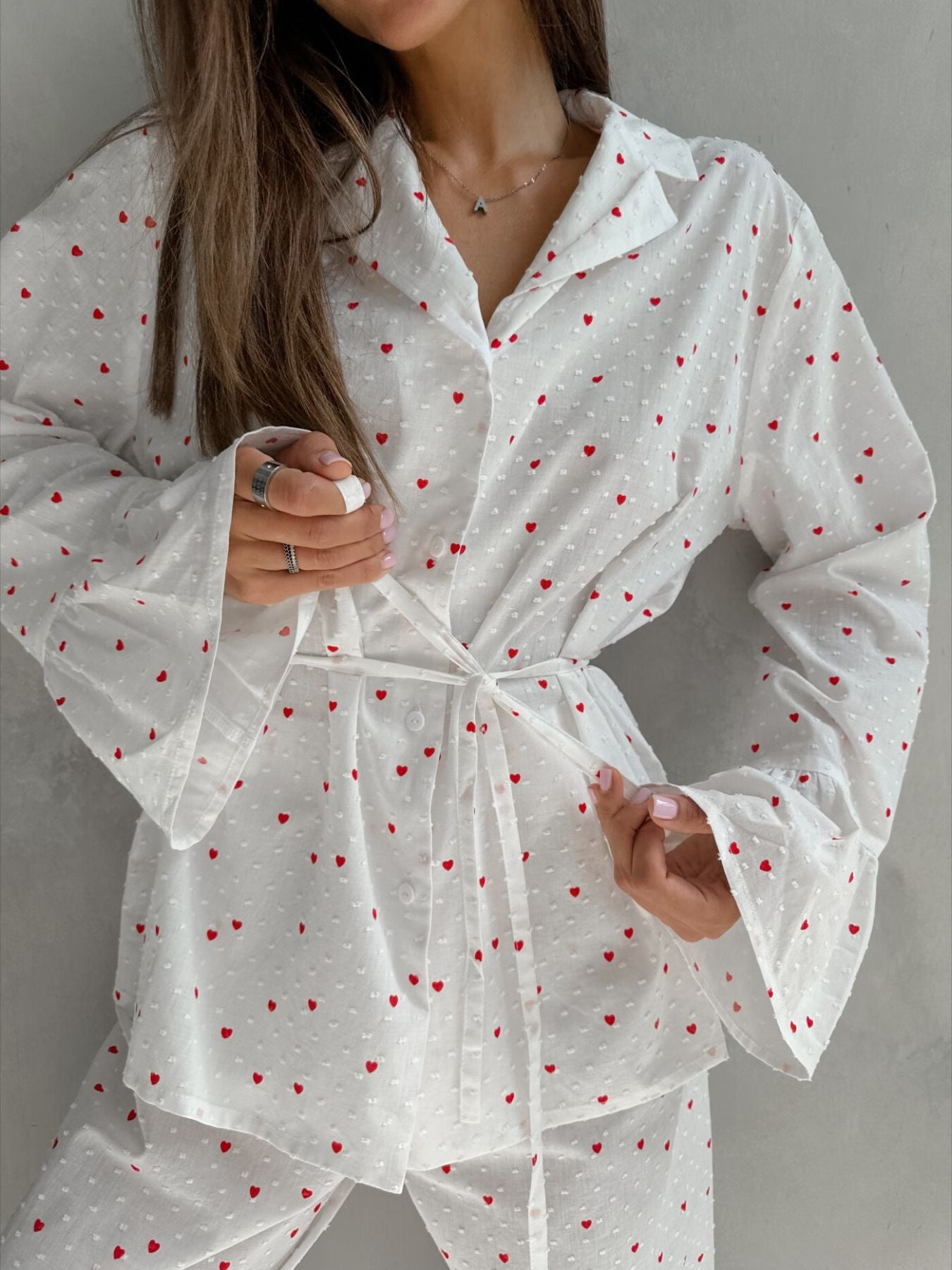 Heart Print Ruffle Trim Button-Up Cotton Lounge Set - Be Bliss Boutique