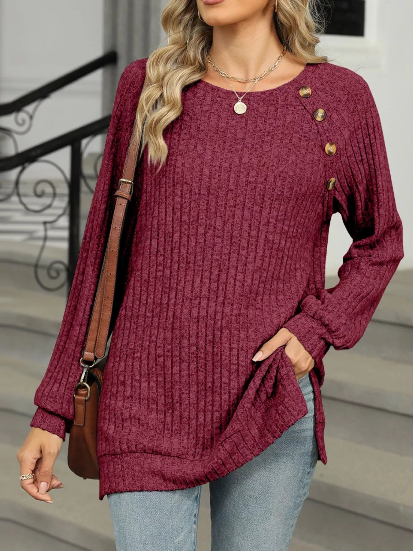 Cozy Chic Ribbed Button Detail Long Sleeve Tunic -  Be Bliss Boutique