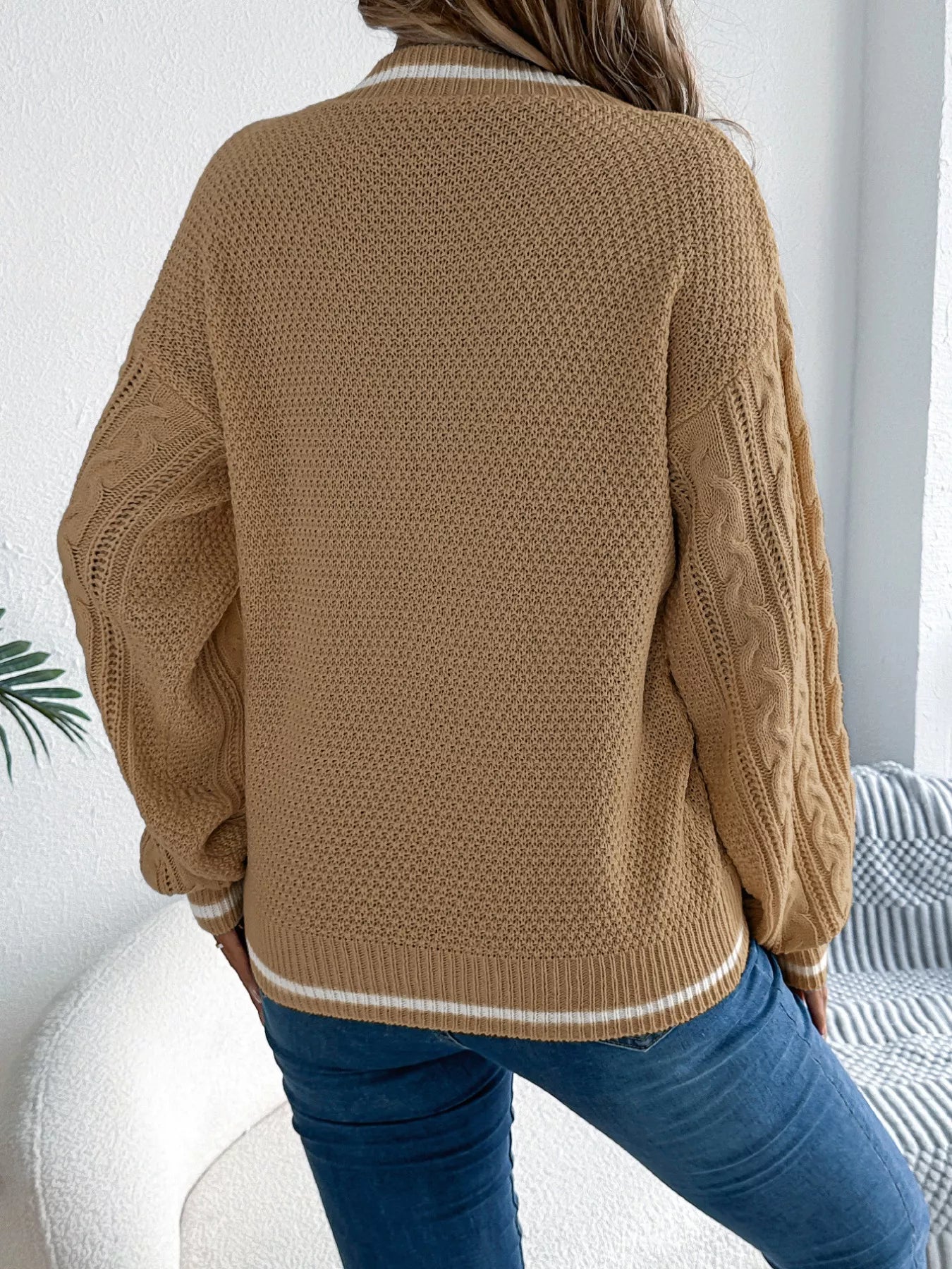 Cable Knit V-Neck Long Sleeve Sweater - Be Bliss Boutique
