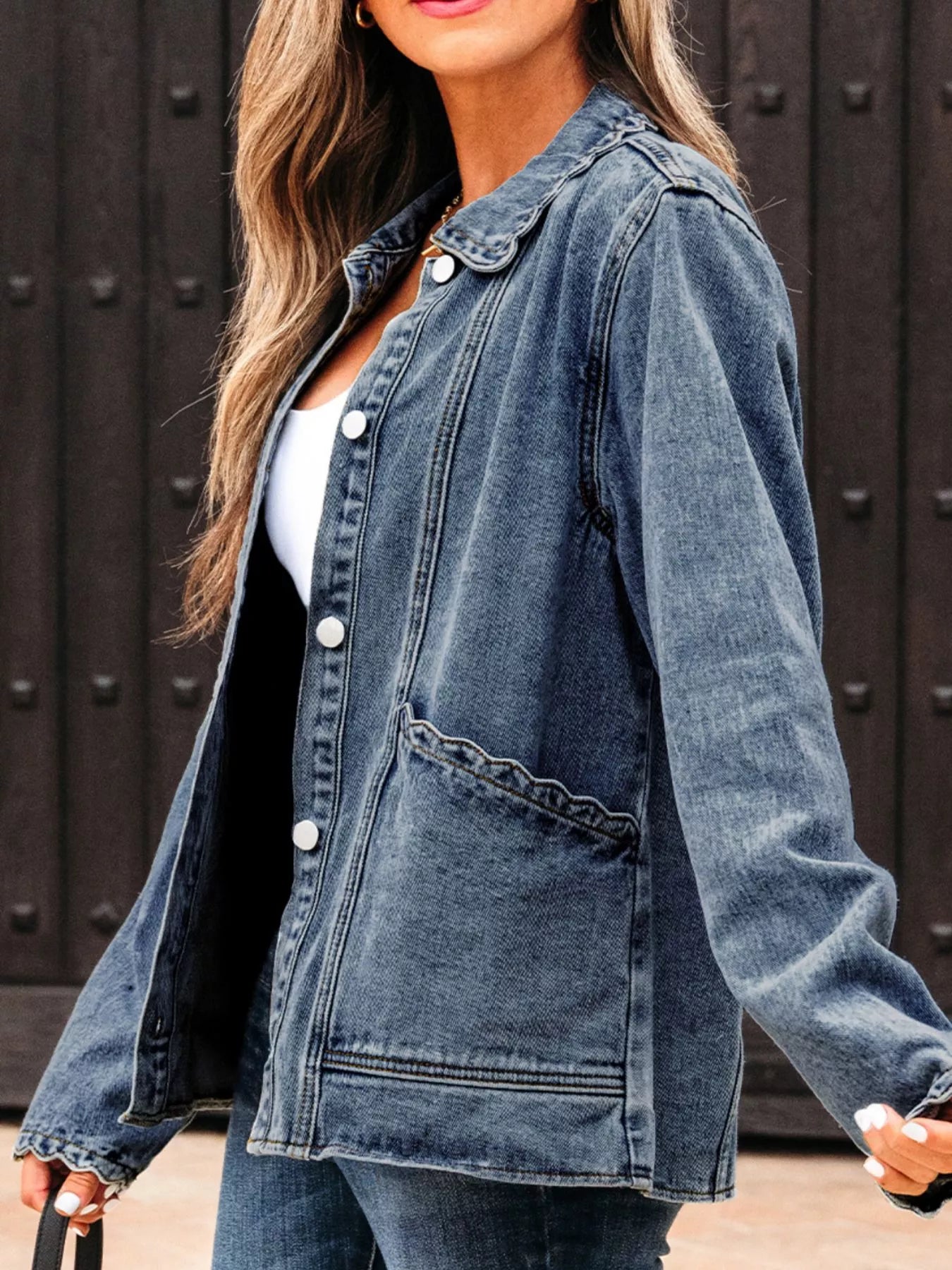 Scallop Trim Collar Patched Pocket Button Up Denim Jacket - Be Bliss Boutique