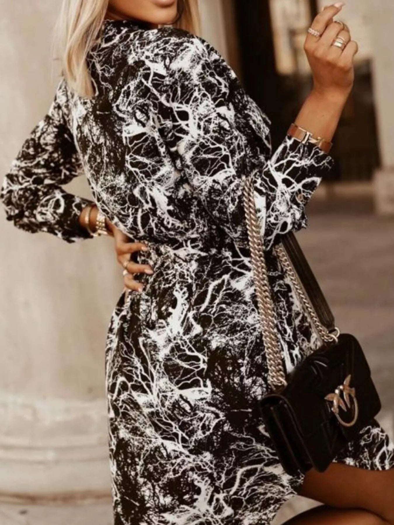 Printed Button Front Long Sleeve Dress -  Be Bliss Boutique