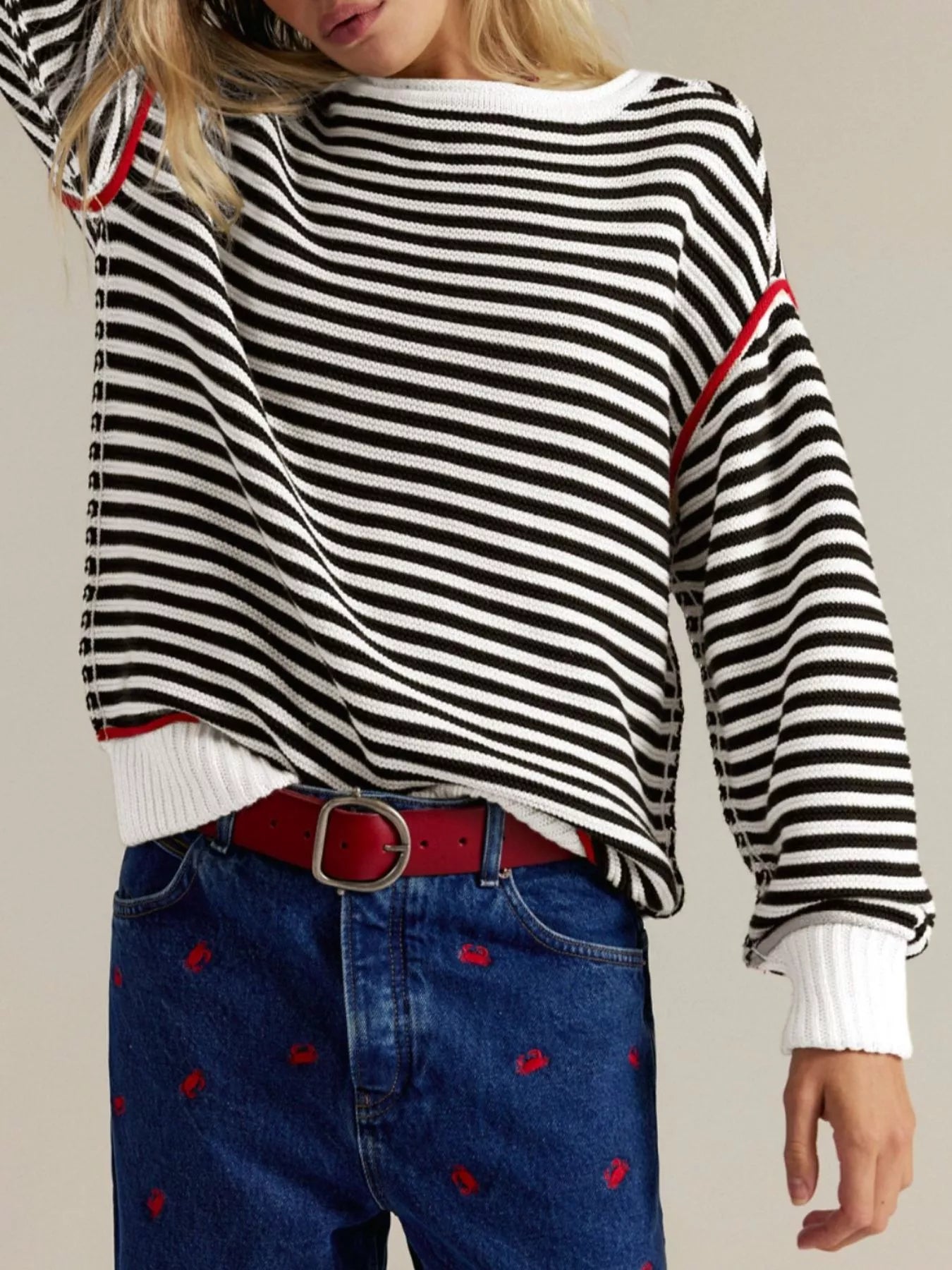 Striped Round Neck Long Sleeve Sweater -  Be Bliss Boutique