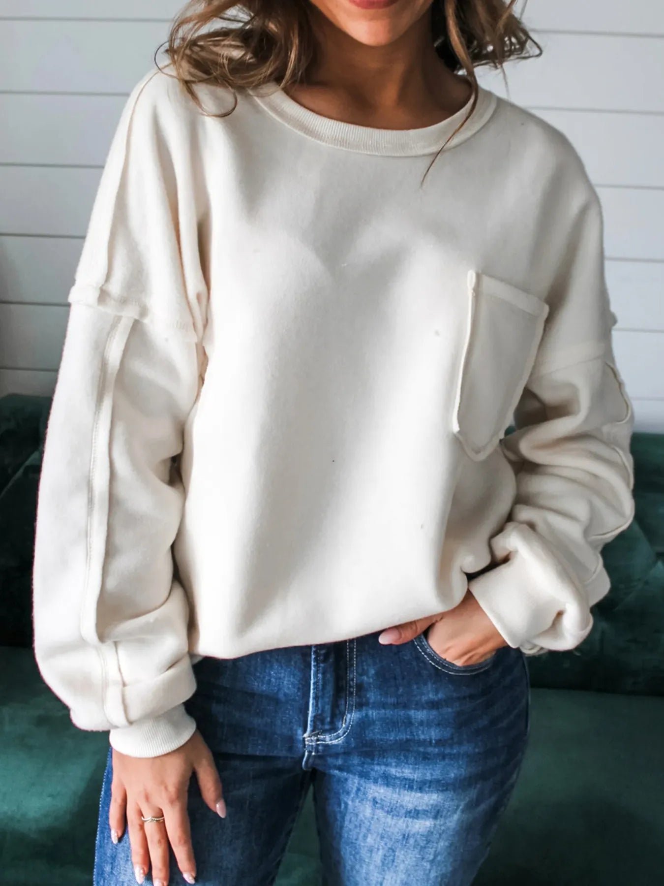 Exposed Seam Chest Pocket Knit Pullover Sweatshirt -  Be Bliss Boutique