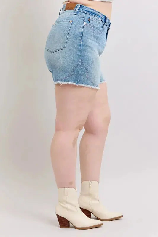 Judy Blue Full Size/Plus Size High Waist Western Embroidery Detail Cut Off Denim Shorts | Be Bliss Boutique