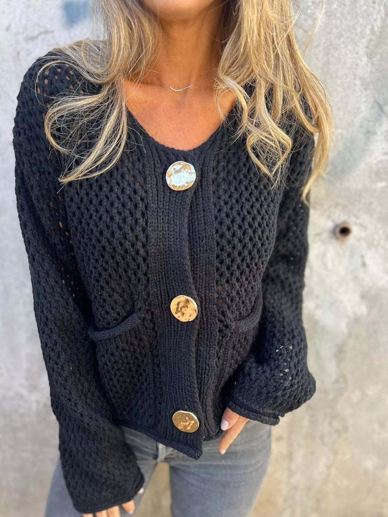 Crochet Button Up Long Sleeve Cardigan -  Be Bliss Boutique