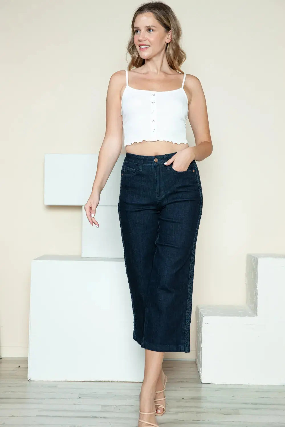 Judy Blue Full Size/Plus Size Side Seam Braid Detail Crop Wide Leg Jeans |  Be Bliss Boutique