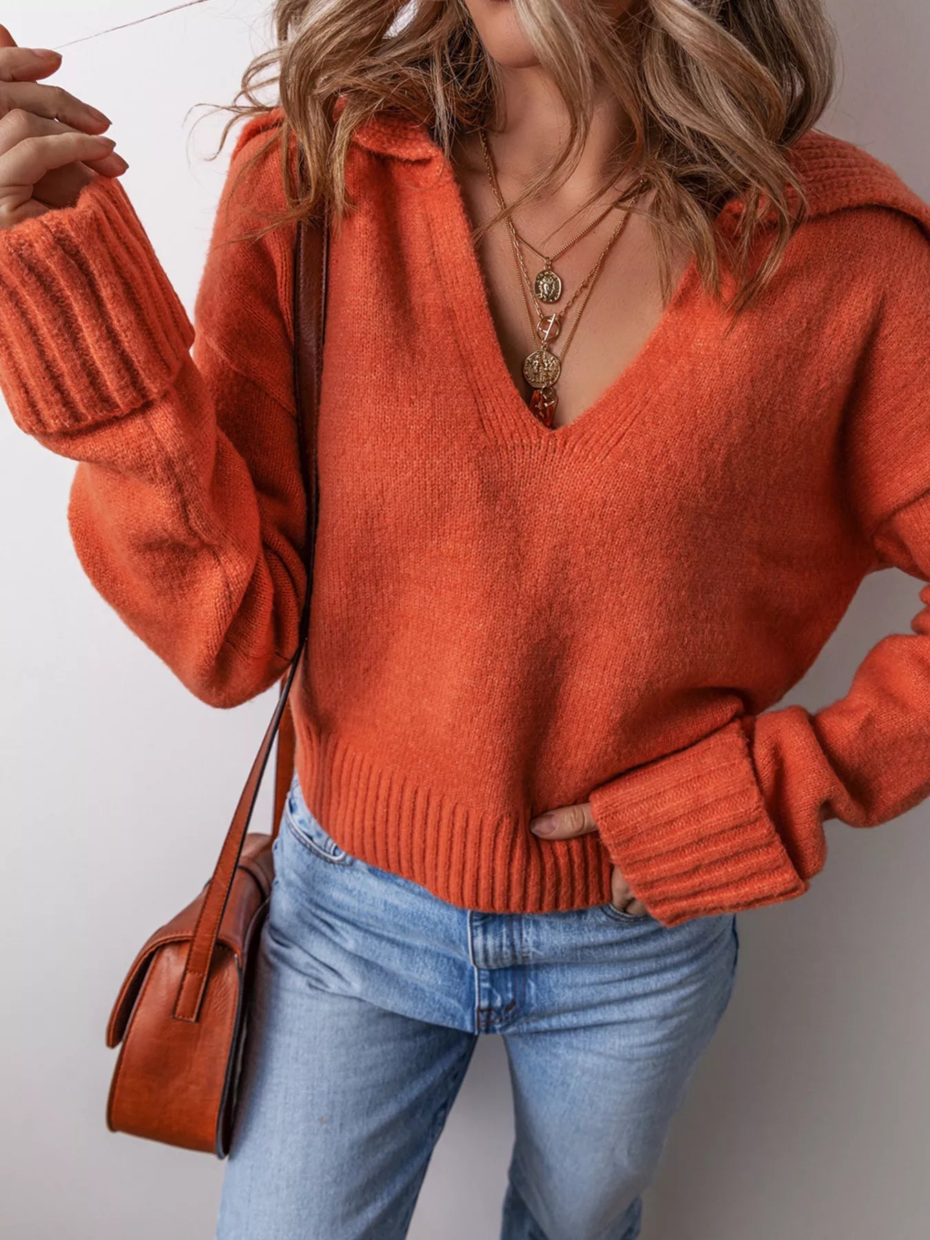 Collared V Neck Ribbed Edge Sweater -  Be Bliss Boutique