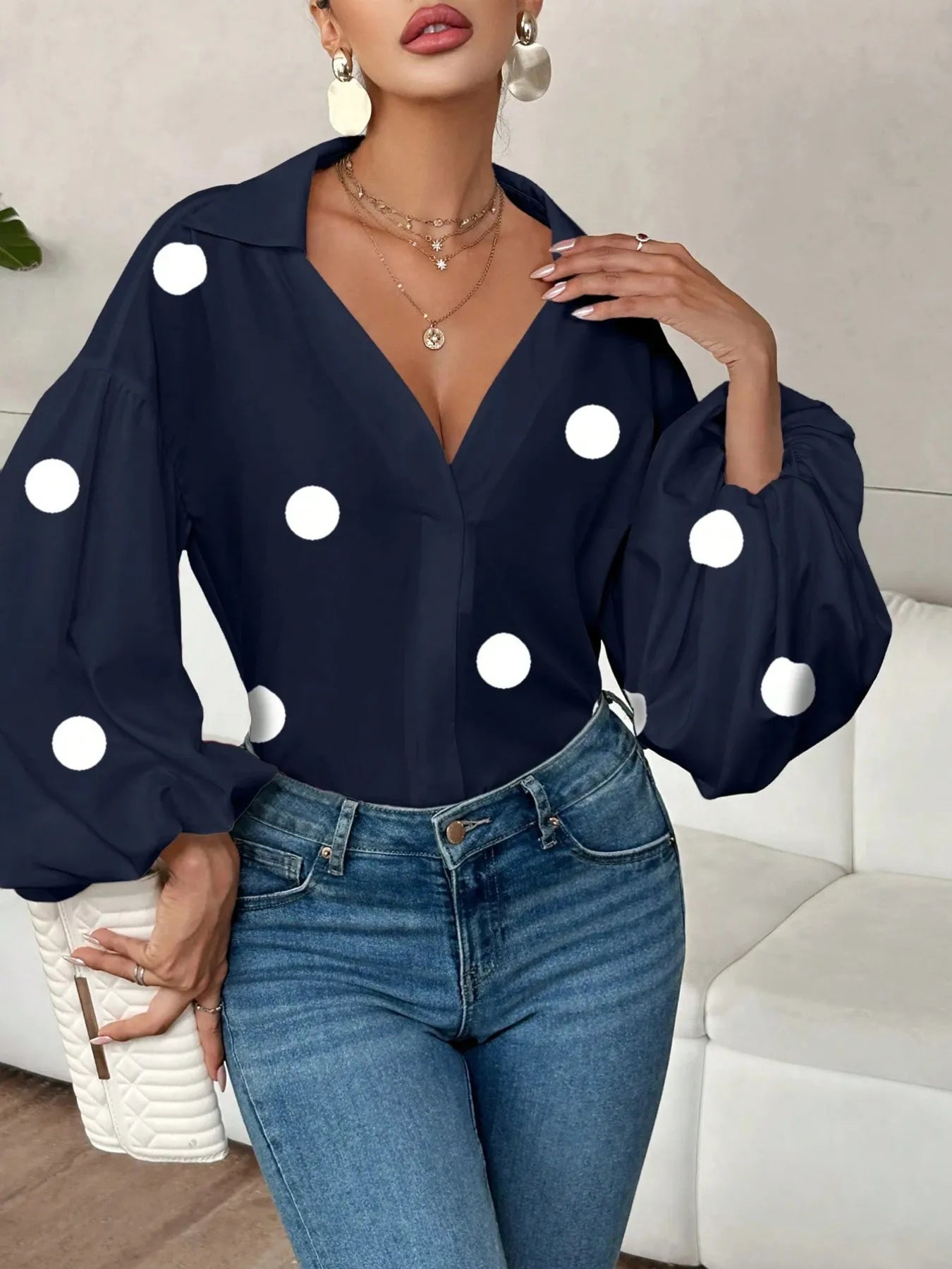 Polka Dot Balloon Sleeve Blouse -  Be Bliss Boutique