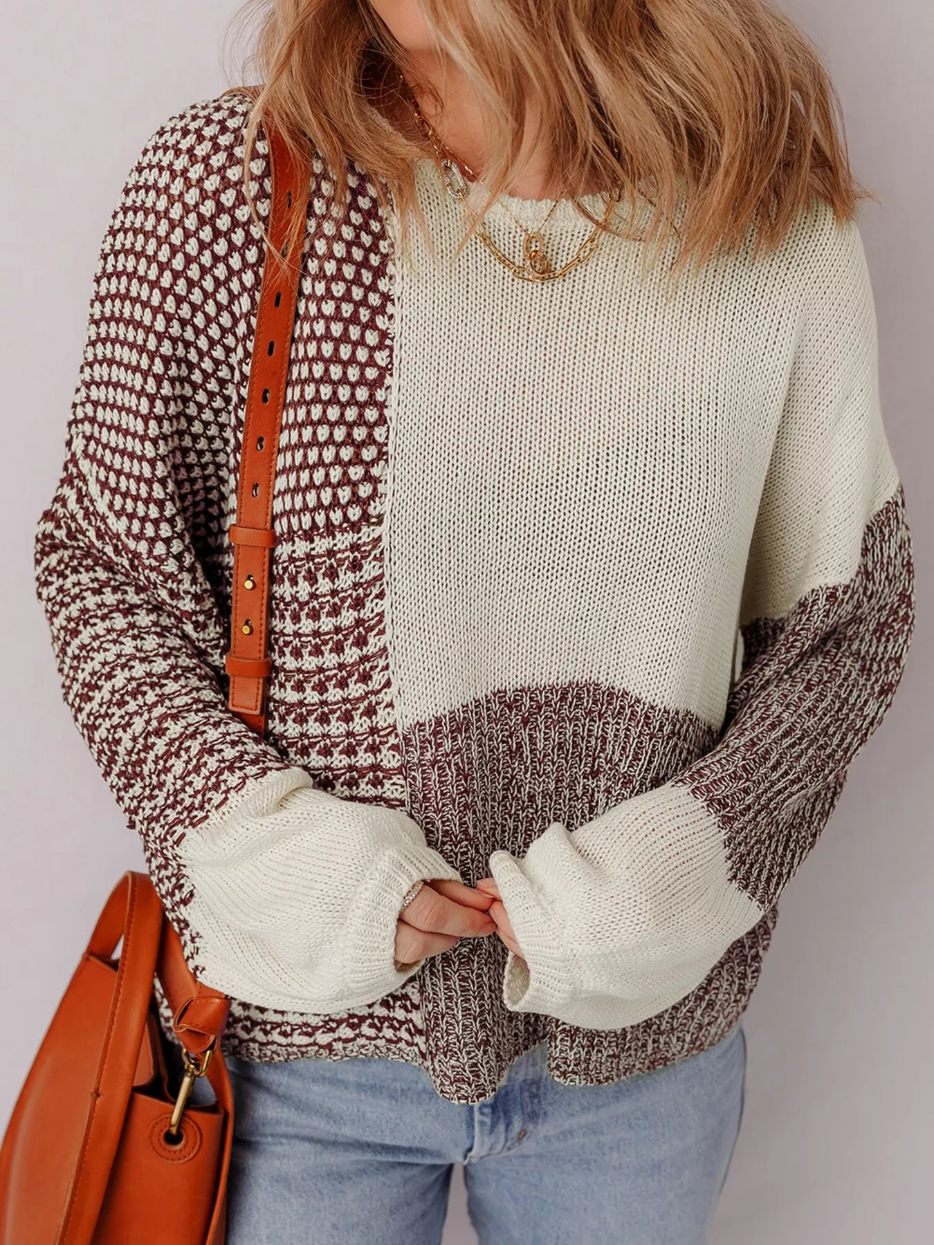 Color Block Back Tie Drop Shoulder Loose Sweater -  Be Bliss Boutique